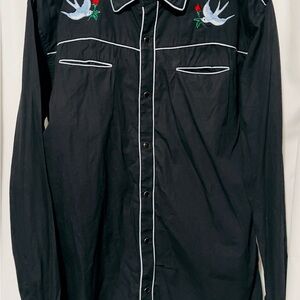 Black Casual Button Down Shirt with Embroidered Design